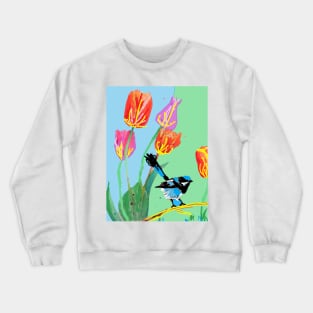 Abstract Blue Wren and Tulips Painting - on Blue and Light Green Crewneck Sweatshirt